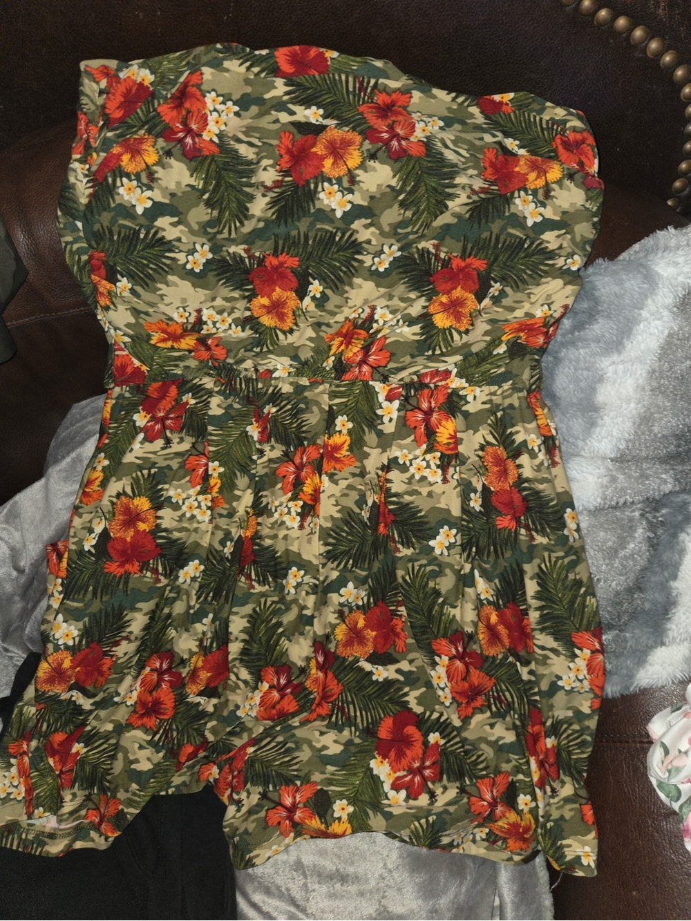 Rouge Helium Olive Camo Floral Strapless Romper with Red & Yellow Blooms